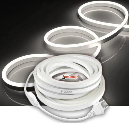 SB-6509 50 Metre Beyaz Işık Neon Led Şerit Dış Mekan Silikonlu Esnek Dekoratif Aydınlatma 220v Fişli